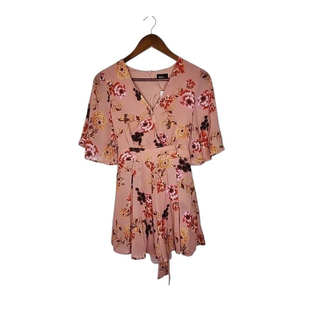 NWT Dotti Pink Floral Skirted Romper Mini Dress V-Neck Sheer SS Lined Boho Sz 6